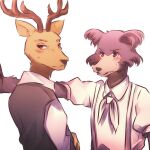  1:1 2019 anthro antlers beastars blush bodily_fluids brown_eyes canid canine canis cervid cervine clothed clothing duo female fur hanatsu_04 horn juno_(beastars) kabedon looking_away louis_(beastars) male mammal multicolored_body multicolored_fur red_deer school_uniform sweat uniform wolf 