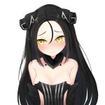  ... 1girl android bare_shoulders black_hair blush breasts cleavage collarbone commentary detached_sleeves dreamer_(girls_frontline) forehead girls_frontline hair_between_eyes highres huomao_(akcat) long_hair looking_away medium_breasts revealing_clothes sangvis_ferri simple_background smile white_background 