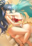  2girls ahoge alternate_costume aqua_eyes aqua_hair ass beach beach_towel blue_eyes blue_hair blush braid breast_press breasts cosplay deekei earrings eirika_(fire_emblem) english_commentary eyebrows_visible_through_hair feet_out_of_frame fire_emblem fire_emblem:_the_sacred_stones fire_emblem_heroes hair_ornament highres holding_another hug jewelry large_breasts leg_between_thighs long_hair looking_at_viewer lying multiple_girls on_side one-piece_swimsuit ponytail sand shadow shy side_braid sideboob sidelocks signature smile swimsuit swimsuit_skirt symmetrical_docking tana_(fire_emblem) tana_(fire_emblem)_(cosplay) thighs towel very_long_hair wet 