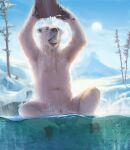 animal_genitalia anthro arms_above_head balls bathing bearking breath bucket fully_sheathed fur fuzzle_(artist) genitals hi_res hot_spring looking_at_viewer male mammal mountain nude open_mouth outside partially_submerged plant polar_bear pouring sheath sitting snow solo steam sun teeth tree ursid ursine water white_body white_fur 