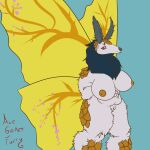  absurd_res anthro arthropod belly big_breasts breasts chubby_female digital_media_(artwork) female fur genitals gold_wings hair hi_res hybrid hyenas_dream_arts insect lepidopteran mammal moth nipples nude pangolin pussy scales simple_background slightly_chubby smile solo thick_thighs white_body white_fur 