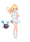  1girl :d backpack bag bangs blonde_hair blush braid caron_(straycat910) commentary_request cosmog eyebrows_visible_through_hair floating_hair full_body gen_7_pokemon green_eyes holding_strap knees knees_together legendary_pokemon lillie_(pokemon) long_hair looking_at_viewer open_mouth pigeon-toed pleated_skirt pokemon pokemon_(creature) pokemon_(game) pokemon_sm sailor_collar school_uniform serafuku shirt shoes short_sleeves simple_background skirt smile socks standing tongue white_background white_footwear white_legwear white_shirt white_skirt 