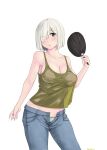  1girl blue_eyes blue_pants breasts cleavage contrapposto cowboy_shot denim fan green_tank_top hair_ornament hair_over_one_eye hairclip hamakaze_(kancolle) highres jeans jousanrou kantai_collection large_breasts looking_at_viewer open_fly panties pants paper_fan short_hair silver_hair simple_background solo tank_top uchiwa underwear white_background white_panties 