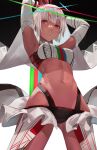  1girl altera_(fate) armpits arms_behind_head arms_up bangs bikini blazpu body_markings breasts bridal_veil choker commentary dark_skin dark_skinned_female detached_sleeves energy_sword english_commentary fate/extella fate/extra fate/grand_order fate_(series) full_body_tattoo headpiece highres looking_at_viewer medium_breasts navel parted_lips photon_ray_(fate) red_eyes short_hair silver_hair solo swimsuit sword tattoo thighs veil weapon white_bikini 