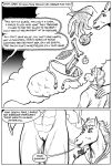  2021 anthro black_and_white clothed clothing comic dialogue dragon english_text equid equine female genitals gustav_(here_there_be_dragons) hair here_there_be_dragons horn horse karno male mammal monochrome open_mouth pussy scalie shoulder_devil simple_background size_difference smoke speech_bubble teeth text zashy 