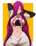  1girl absurdres arms_behind_head black_legwear blue_eyes border commentary cowboy_shot eyebrows_visible_through_hair hair_down hair_over_one_eye highres jessie_(pokemon) long_hair looking_at_viewer midriff navel omiza_somi parted_lips pokemon pokemon_(anime) purple_hair shirt skirt team_rocket_uniform thighhighs thighs very_long_hair white_shirt white_skirt yellow_background zettai_ryouiki 