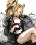  1girl absurdres animal_ears arknights braid choker cropped_jacket earrings fur-trimmed_jacket fur_trim gnai highres hoop_earrings jacket jewelry lion_ears lion_girl looking_at_viewer multicolored_hair necklace ponytail shorts siege_(arknights) strapless streaked_hair tubetop 