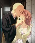  1boy 1girl bald blush breasts brown_hair cardigan cleavage closed_eyes fukaya_mio hetero highres kiss kujo_takahide long_hair monk nyoro_(nyoronyoro000) smile souryo_to_majiwaru_shikiyoku_no_yoru_ni... sweat 