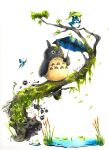 absurdres amandapaesx bug butterfly commentary english_commentary grass highres insect leaf lily_pad moss reeds simple_background studio_ghibli susuwatari tagme tonari_no_totoro totoro traditional_media umbrella water watercolor_(medium) white_background 