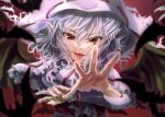  1girl :d akane_hazuki bat bat_wings blurry blurry_background blurry_foreground depth_of_field dress eyebrows_visible_through_hair fangs fingernails foreshortening frilled_shirt_collar frills hair_between_eyes hands_up light_purple_hair long_fingernails looking_at_viewer medium_hair nail_polish open_mouth pointy_ears reaching_out red_nails red_sash remilia_scarlet sash short_hair smile solo touhou upper_body white_dress white_headwear wings 