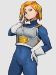  1girl android_18 blonde_hair blue_bodysuit blue_eyes bodysuit cosplay dragon_ball dragon_ball_z earrings gloves grey_background hand_on_hip hand_up jewelry kemachiku looking_at_viewer saiyan_armor short_hair simple_background solo vegeta vegeta_(cosplay) white_gloves 