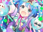  1girl aoiyui blue_hair commentary from_above hair_ornament hatsune_miku hatsune_miku_expo long_hair looking_at_viewer multicolored multicolored_clothes open_mouth outstretched_arms roe skirt smile solid_oval_eyes star_(symbol) star_hair_ornament star_in_eye sunglasses symbol_in_eye twintails very_long_hair vocaloid 