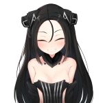  1girl android bare_shoulders black_hair blush breasts cleavage clenched_teeth collarbone detached_sleeves dreamer_(girls_frontline) forehead girls_frontline hair_between_eyes highres huomao_(akcat) long_hair looking_at_viewer medium_breasts revealing_clothes sangvis_ferri simple_background smile solo teeth white_background 
