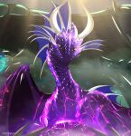  2021 day detailed_background digital_media_(artwork) dragon feral hi_res horn looking_at_viewer male membrane_(anatomy) membranous_wings orange_eyes purple_body purple_scales scales scalie smile solo solo_focus spikes spikes_(anatomy) telleryspyro western_dragon wings 