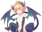  1girl ahoge black_gloves black_legwear blonde_hair breasts brown_eyes demon_girl demon_horns demon_tail demon_wings elbow_gloves gloves heart heart-shaped_pupils highres horns ls-lrtha medium_breasts nipples open_mouth original pointy_ears short_hair simple_background smile solo squatting symbol-shaped_pupils tail thighhighs white_background wings 