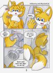  absurd_res after_orgasm alystaircat anthro blush bodily_fluids canid canine comic comic_page cum flaccid fox fur genital_fluids genitals hi_res male mammal masturbation miles_prower nude penis shower solo sonic_the_hedgehog_(series) wet young 