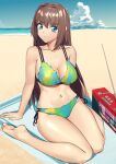  1girl aozaki_aoko barefoot beach bikini blue_eyes blue_sky boombox breasts brown_hair cleavage cloud collarbone cqqz0707 day eyebrows_visible_through_hair fingernails full_body green_bikini hair_intakes highres horizon large_breasts long_hair looking_at_viewer mahou_tsukai_no_yoru navel ocean side-tie_bikini sitting sky smile soles solo swimsuit thick_thighs thighs toes toned wariza 