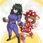  +_+ 2girls :d bangs belt black_eyes black_footwear black_gloves bocodamondo bodysuit boku_no_hero_academia boots breasts brown_eyes brown_hair dress fangs fingerless_gloves from_above full_body fur_trim gloves green_hair hair_over_eyes hair_over_one_eye hat heart highres komori_kinoko leg_warmers long_hair long_sleeves mask multiple_girls mushroom_hat open_mouth polka_dot polka_dot_dress purple_bodysuit red_dress short_hair skirt smile teeth tokage_setsuna v 