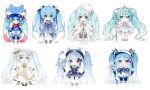  6+girls aqua_hair balloon beret blue_dress blue_hair blue_headwear blue_legwear bow bowtie chibi coat commentary dip-dyed_hair dress flower frilled_dress frills full_body fur-trimmed_coat fur-trimmed_headwear fur_trim glowing gradient_hair hair_flower hair_ornament hair_ribbon hat hatsune_miku layered_dress long_hair looking_at_viewer multicolored_hair multiple_girls multiple_persona musical_note musical_note_print nishina_hima orb paw_print red_hair ribbon smile snowflake_hair_ornament snowflake_print staff staff_(music) standing star_(symbol) star_balloon star_hair_ornament thigh_ribbon tiara treble_clef twintails very_long_hair vocaloid white_background white_coat white_flower white_hair yuki_miku yuki_miku_(2017) 