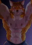  abs absurd_res anthro barrel_(live-a-hero) blush canid canine canis clothing fur hi_res live-a-hero looming_over male mammal multicolored_body multicolored_fur muscular muscular_anthro muscular_male navel nipples pecs solo tos_tos_f_ski underwear wolf 