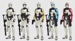  6+boys armor clenched_hand clone_trooper energy_gun english_commentary grey_background gun handgun highres holding holding_gun holding_weapon looking_at_viewer multiple_boys pistol radio_antenna redesign rifle ruben_menzel science_fiction star_wars variations visor weapon 