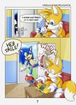  absurd_res alystaircat anthro bottomwear canid canine clothed clothing comic comic_page duo eulipotyphlan footwear fox fur gloves handwear hedgehog hi_res male mammal miles_prower socks sonic_the_hedgehog sonic_the_hedgehog_(series) surprise surprised_expression young 