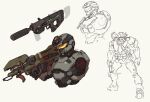  3boys english_commentary gun halo_(game) helmet highres holding holding_gun holding_weapon looking_down m7 male_focus multiple_boys muscular muscular_male ruben_menzel science_fiction sketch spartan_(halo) spartan_laser submachine_gun visor weapon 