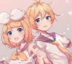  1boy 1girl arm_warmers bangs bare_shoulders bass_clef beige_background black_collar blonde_hair blue_eyes bow collar commentary grey_collar hair_bow hair_ornament hairclip holding_hands kagamine_len kagamine_rin looking_at_viewer nail_polish neck_ribbon neckerchief necktie open_mouth ribbon sailor_collar sazanami_(ripple1996) school_uniform shirt short_hair short_sleeves shoulder_tattoo sleeveless sleeveless_shirt smile sparkle spiked_hair swept_bangs symbol_commentary tattoo treble_clef upper_body vocaloid white_bow white_shirt yellow_nails yellow_neckwear 