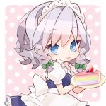  1girl aji_(pokedegi) apron bangs blue_dress blue_eyes bow cake cake_slice dress food fruit green_bow grey_hair hair_bow highres holding izayoi_sakuya looking_at_viewer maid_headdress open_mouth pink_background plate polka_dot polka_dot_background puffy_short_sleeves puffy_sleeves rainbow_gradient short_sleeves smile solo strawberry touhou unconnected_marketeers 