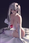  1girl absurdres arm_support azur_lane bare_shoulders bed_sheet between_breasts breasts can cleavage coca-cola covered_nipples earrings elbow_gloves eyebrows_visible_through_hair formidable_(azur_lane) gloves hair_ribbon halterneck highres jewelry kan_bu_jian_de_feng large_breasts long_hair platinum_blonde_hair red_eyes ribbon sitting smile soda_can string_pull thighhighs thighs twintails very_long_hair white_gloves white_legwear 