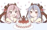  2others bare_shoulders birthday_cake blue_eyes blue_hair blue_nails braid cake candle collar collared_shirt food fruit gradient_hair gynoid_talk hair_flaps hair_ribbon hairband highres horns long_hair meika_hime meika_mikoto multicolored_hair multiple_others pink_eyes pink_hair pink_nails ribbon sailor_collar shirt skc sleeveless sleeveless_shirt sparkle strawberry upper_body vocaloid white_collar 