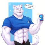  abs anthro bottomwear cellphone clothed clothing felid fur male mammal muscular muscular_anthro muscular_male pantherine phone simple_background solo thediyemi topwear white_body white_fur 