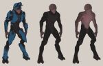  alien beige_background blue_eyes bodysuit english_commentary full_body halo_(game) highres looking_to_the_side no_humans open_hands open_mouth redesign ruben_menzel sangheili science_fiction shirtless simple_background standing variations 