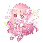  1girl bangs blush chibi commission covered_mouth danby_merong dress eyebrows_visible_through_hair flower full_body gloves hair_flower hair_ornament holding holding_flower long_hair looking_at_viewer original pink_dress pink_flower pink_hair pink_ribbon pink_rose pink_wings pleated_dress purple_flower red_eyes red_footwear ribbon rose shoes solo very_long_hair white_flower white_gloves white_wings wings 