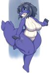  anthro belly big_breasts big_tail blue_body blue_eyes blue_skin breasts cetacean featureless_breasts featureless_crotch feet female hi_res homemosaco mammal marine markings navel navy_hair pose smile solo white_body white_skin wide_hips 