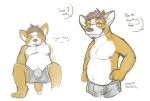  2009 anthro bottomwear brown_body brown_fur bulge canid canine canis clothing domestic_dog english_text eyewear fur glasses horrorbuns male mammal overweight overweight_anthro overweight_male shorts sitting solo text white_body white_fur 