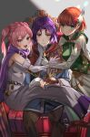  1boy 2girls bags_under_eyes bare_shoulders chil0107 dress elbow_gloves erk_(fire_emblem) fang fingerless_gloves fire_emblem fire_emblem:_the_blazing_blade gloves green_eyes highres long_dress long_hair multiple_girls pink_eyes pink_hair priscilla_(fire_emblem) purple_eyes purple_hair red_hair serra_(fire_emblem) short_hair sitting sitting_on_person twintails white_dress white_gloves wing_hair_ornament 