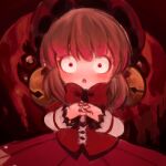  1girl :o bell bow bowtie brown_hair corset fingers_together hat laetitia_(lobotomy_corporation) lobotomy_corporation long_sleeves open_mouth red_bow red_corset red_eyes red_neckwear red_skirt skirt solo takeout_117 wide-eyed 