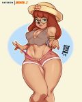  2019 4_fingers anthro areola armband artist_name black_nose bottomwear breasts brown_hair canid canine canis cleavage clothed clothing clothing_pull disney domestic_dog eyewear female fingers flower flower_in_hat glasses goof_troop green_eyes hair half-closed_eyes hat headgear headwear hi_res jakuson_z legs_together long_hair looking_at_viewer mammal midriff narrowed_eyes navel nipple_outline nipple_piercing nipples peace_symbol piercing plant shirt shorts smile solo stacey_(goof_troop) standing tank_top tattoo thick_thighs thong thong_pull topwear translucent translucent_clothing underwear 