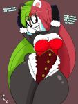  2018 accessory anthro big_breasts big_butt black_body black_fur breasts butt cleavage clothed clothing curvy_figure dialogue digital_media_(artwork) english_text female fur gem giant_panda gloves green_hair hair hands_behind_head handwear headband hi_res hourglass_figure huge_butt inkit89 leotard lipstick makeup mammal mole_(marking) multicolored_body multicolored_fur multicolored_hair red_eyes red_hair simple_background smile solo talking_to_viewer teeth text thick_thighs tongue ursid voluptuous white_body white_fur wide_hips 