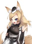  2020 5_fingers animal_humanoid arknights blonde_hair blue_eyes breasts brown_body brown_fur clothed clothing female fingers fur hair half-length_portrait hand_on_hip hat headgear headwear hi_res humanoid hypergryph inner_ear_fluff long_hair looking_at_viewer mammal mammal_humanoid portrait smile solo studio_montagne teallysky translucent translucent_hair tuft video_games whislash_(arknights) white_body white_fur 