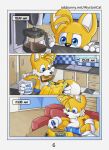  absurd_res alystaircat anthro beverage bottomwear canid canine clothed clothing coffee coffee_mug comic comic_page footwear fox gloves handwear hi_res male mammal miles_prower socks solo sonic_the_hedgehog_(series) young 