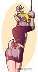  anthro antlers bell_bracelet blonde_hair blue_eyes bound_wrists cervid clothing collar damon_fallow fur garter_belt garter_straps girly gloves_(marking) hair hi_res horn legwear looking_at_viewer male mammal markings morgdl purple_body purple_fur ribbons scut_tail seductive simple_background solo stockings tail_bow tail_ribbon white_clothing white_legwear white_markings 