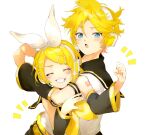  1boy 1girl ^^^ arm_around_neck arm_warmers bangs bare_shoulders belt black_collar blonde_hair blue_eyes bow clenched_hand closed_eyes collar commentary grin hair_bow hair_ornament hairclip headphones highres kagamine_len kagamine_rin leaning_forward nail_polish neckerchief open_mouth oyamada_gamata raised_eyebrow sailor_collar school_uniform shirt short_hair short_ponytail short_sleeves shoulder_tattoo sleeveless sleeveless_shirt smile spiked_hair swept_bangs tattoo upper_body vocaloid white_background white_bow white_shirt yellow_nails yellow_neckwear 