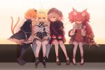  4girls absurdres animal_ear_legwear animal_ears arknights bangs black_capelet black_footwear black_gloves black_headwear black_jacket black_legwear black_skirt blonde_hair blue_hairband book boots brown_hair capelet cat_ears cat_girl cat_tail eyebrows_visible_through_hair eyepatch fingerless_gloves fox_ears fox_girl fox_tail frilled_skirt frills gloves green_eyes hair_between_eyes hair_ornament hairband hairclip highres holding holding_book jacket kitsune kotayo loafers medical_eyepatch mousse_(arknights) multicolored_hair multiple_girls multiple_tails open_book pantyhose pleated_skirt popukar_(arknights) profile purple_eyes red_eyes red_skirt shamare_(arknights) shirt shoe_soles shoes sitting skirt stuffed_animal stuffed_dog stuffed_toy suzuran_(arknights) tail tail_raised twintails two-tone_hair two_tails white_hair white_legwear white_shirt x_hair_ornament 