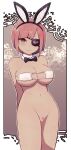  1girl animal_ears arms_behind_back bar_censor black_neckwear bob_cut bottomless bow bowtie breasts brown_eyes bunny_ears censored closed_mouth detached_collar eyepatch fake_animal_ears female_pubic_hair heart highres lamb-oic029 large_breasts looking_at_viewer original pink_hair pink_pubic_hair pubic_hair short_hair smile solo 