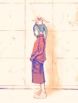  1girl blue_hair character_doll hat highres jacket looking_away monogatari_(series) ononoki_yotsugi red_jacket rhinth shoes shorts tsukimonogatari 