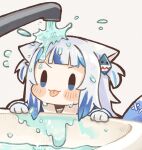  1girl :3 :p animal_ears bangs blue_eyes blue_hair blunt_bangs blush cat_ears chibi commentary faucet gawr_gura hair_ornament hairclip hololive hololive_english kemonomimi_mode meme multicolored_hair parody same_anko silver_hair sink solo symbol_commentary tongue tongue_out two-tone_hair two_side_up v-shaped_eyebrows virtual_youtuber water water_drop you&#039;re_doing_it_wrong 