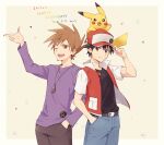  2boys ;d badge bangs baseball_cap belt belt_buckle black_shirt blue_oak border brown_eyes brown_hair brown_pants buckle closed_mouth commentary_request dated gen_1_pokemon hair_between_eyes hand_in_pocket hand_on_headwear happy_birthday hat highres jacket jewelry male_focus multiple_boys necklace on_head one_eye_closed open_clothes open_jacket open_mouth outside_border pants pikachu pokemon pokemon_(creature) pokemon_(game) pokemon_on_head pokemon_rgby purple_shirt red_(pokemon) shirt short_hair smile spiked_hair teeth tongue translation_request yairo_(sik_s4) 