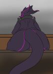  absurd_res ambiguous_background anthro bench big_butt butt curvaceous curvy_figure dragon female fin genitals hi_res horn invalid_tag looking_at_viewer looking_back no_shading nude purple_body purple_eyes pussy scalie simple_background solo tattoo tolerain_(artist) voluptuous wide_hips wingless_dragon 